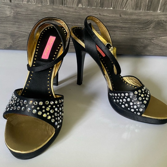 Black Betsey Johnson "Cristie" rhinestone heel sandals with w/strap, sz 10 - Picture 5 of 10